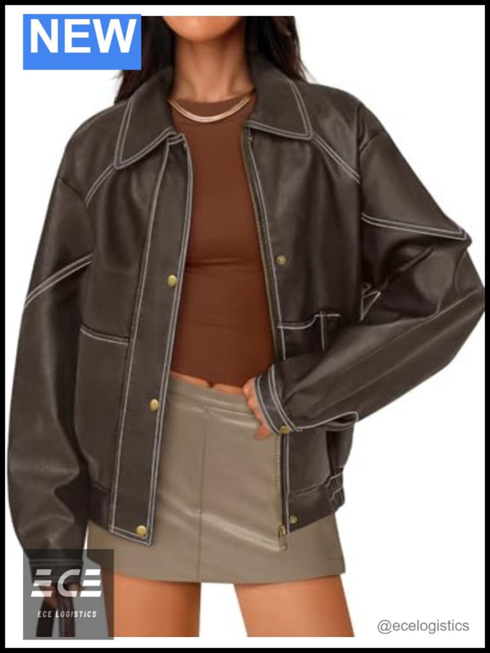 Faux Leather Jacket Oversized Zip Moto Coat Long Sleeve